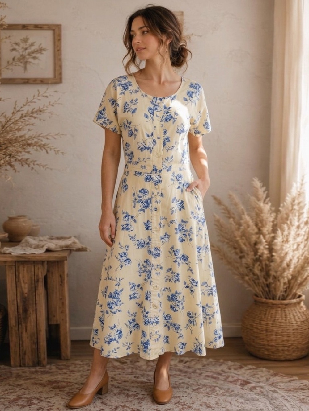 VINTAGE TALBOTS Floral Midi Button Up Dress